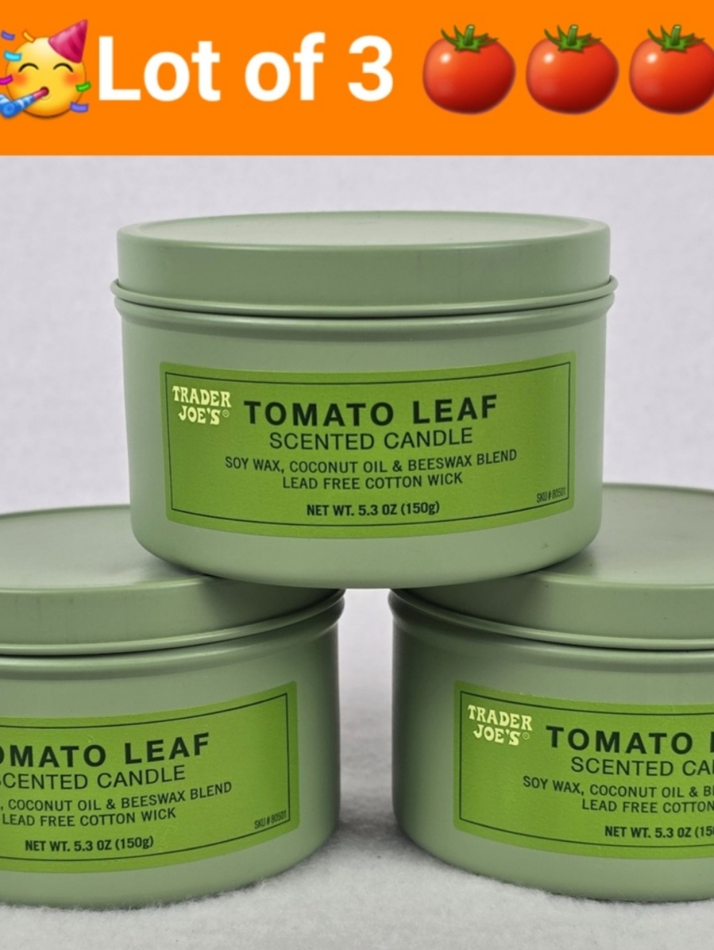 Lot of 3 Trader Joe's Tomato Leaf Scented Candle 5.3oz 150g Tomato Vine Scent